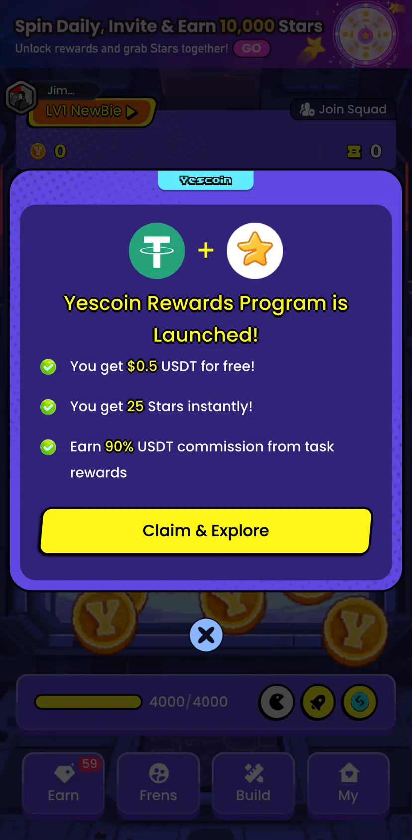 Yescoin — Earn 59 section: + · Yescoin Rewards Program is Launched! · You get USDT for free! · $0.5