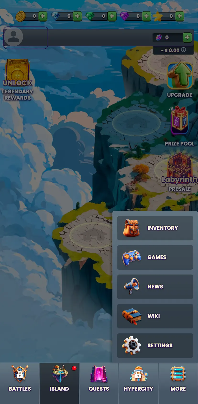 ZarGates Retrodrop — экран 2: Settings · Battles · Island · Quests