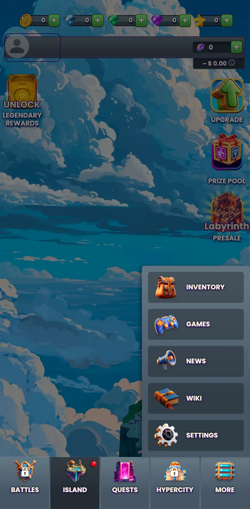 ZarGates Retrodrop — раздел «MORE»: Inventory · Games · News · Wiki